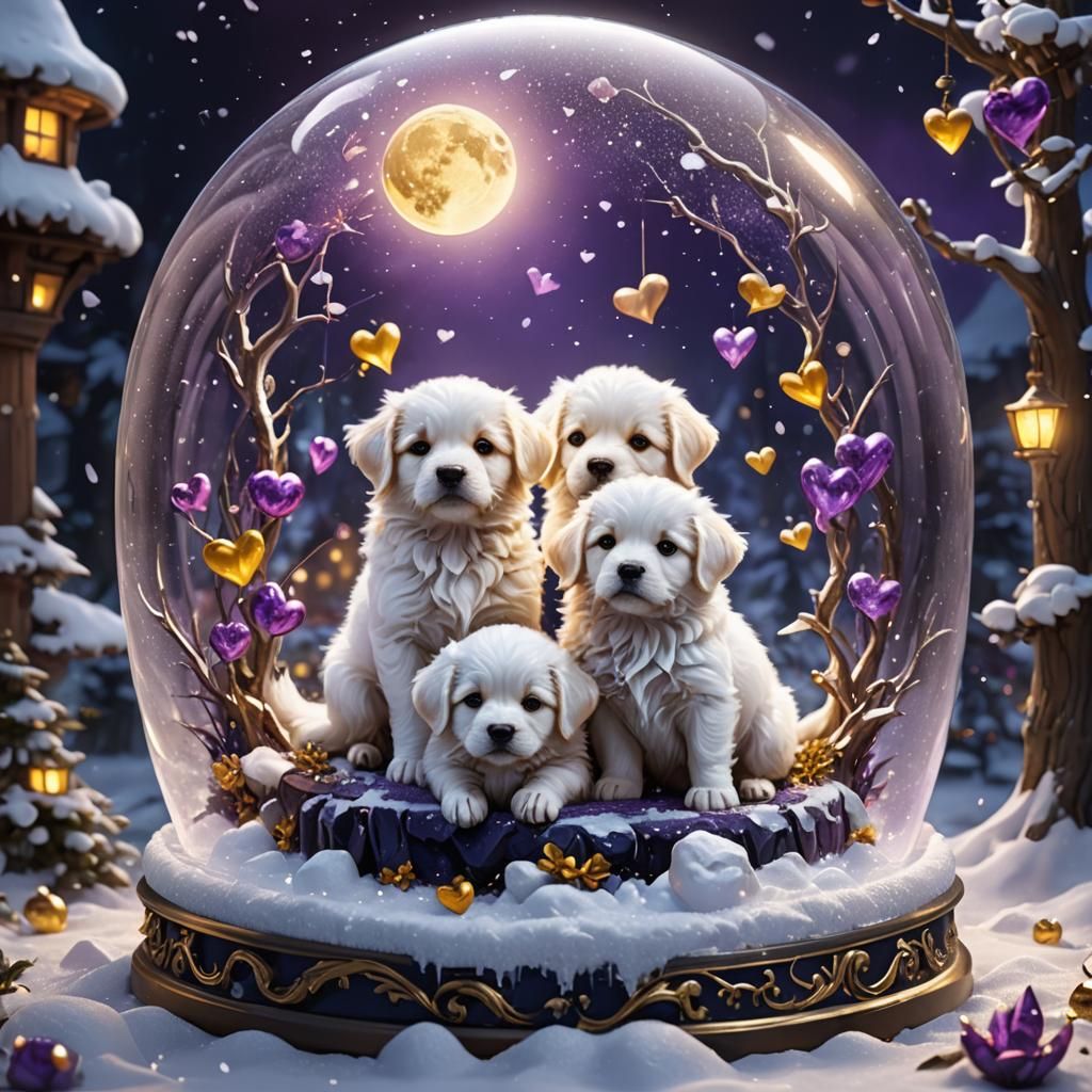Fluffy Puppies in Snow Globe: Dark Fantasy Art