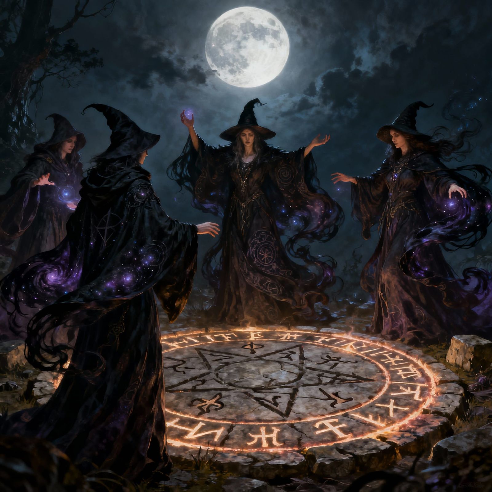 Witches Casting Spell Under Full Moon in Dark Fantasy Style