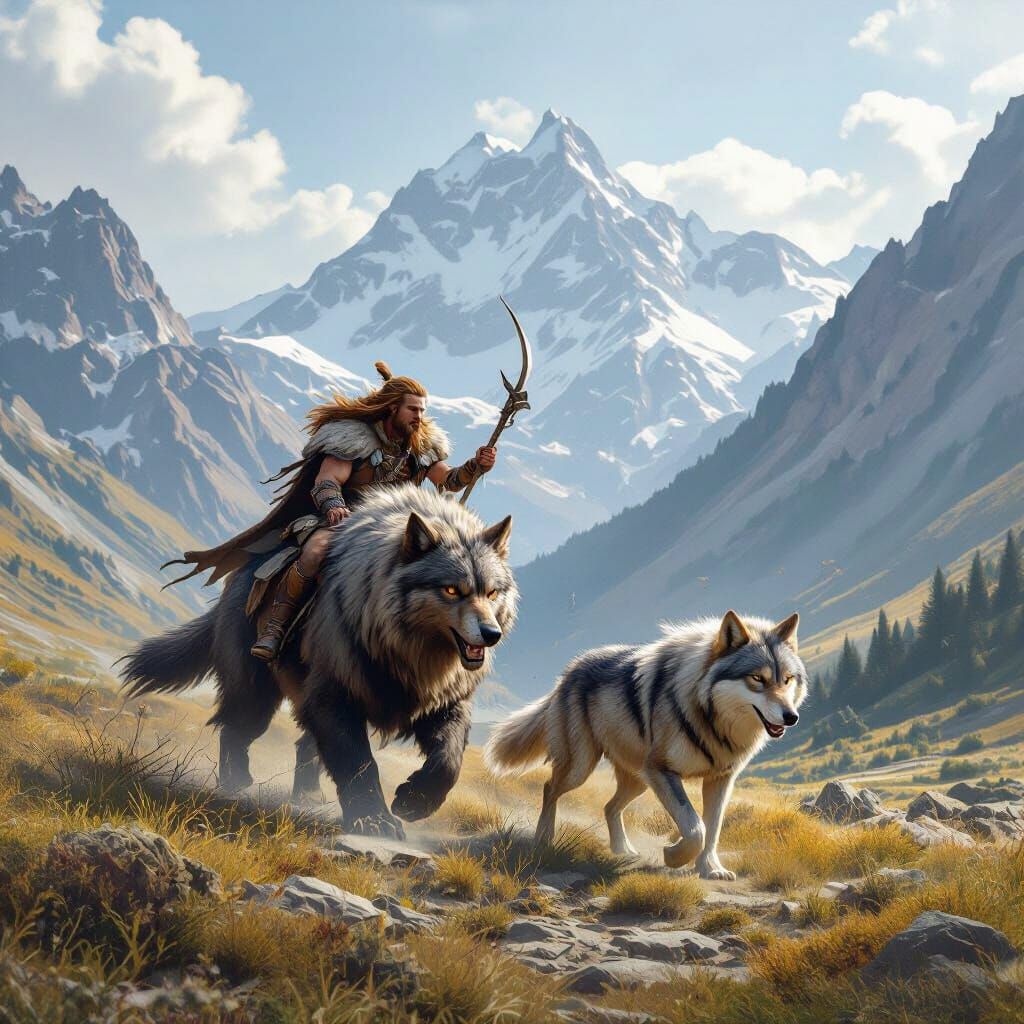 Beastmaster and Wolf in Mountain Landscape