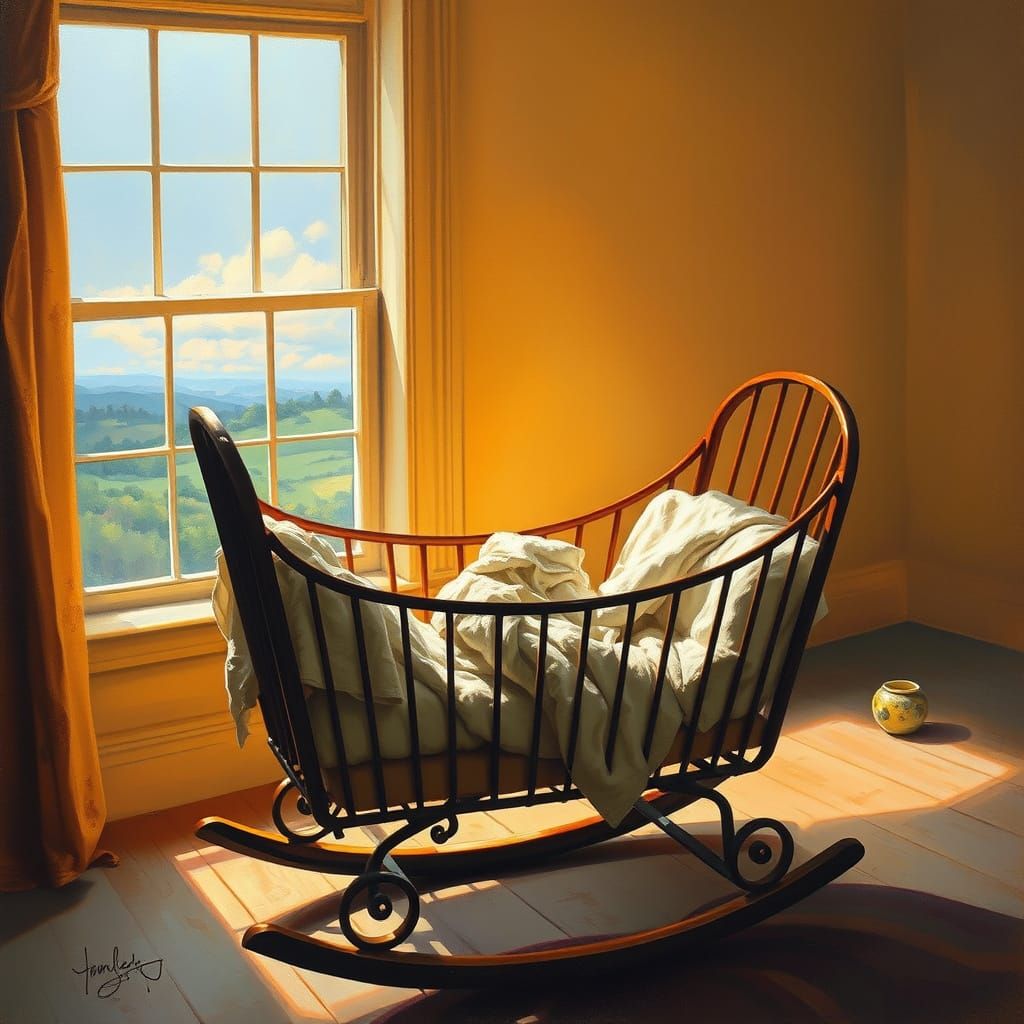 Ethereal Oil Painting of a Solitary Rocking Cradle
