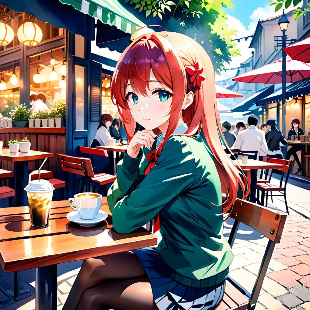 Anime Girl at Cafe in Watercolor Style
