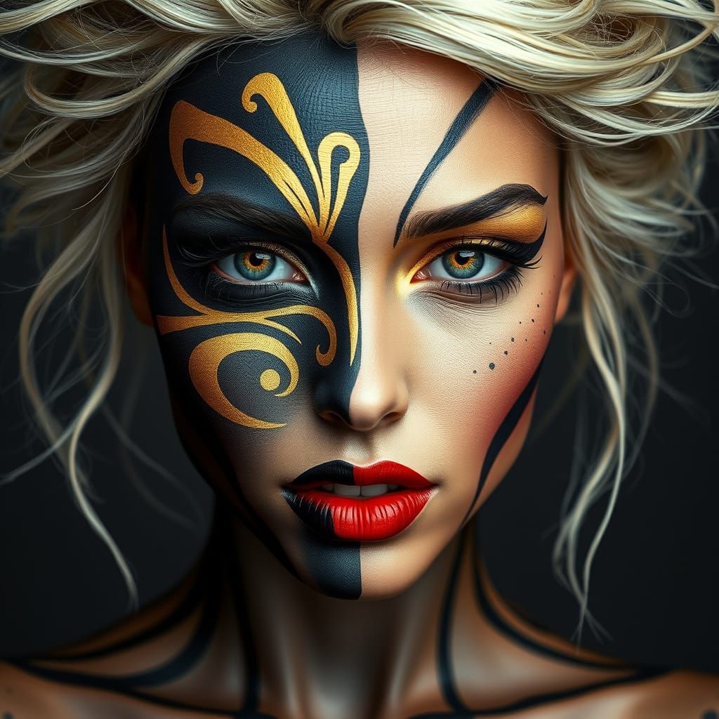 Hyperrealistic Body Art with Elaborate Gold and Black Patter...