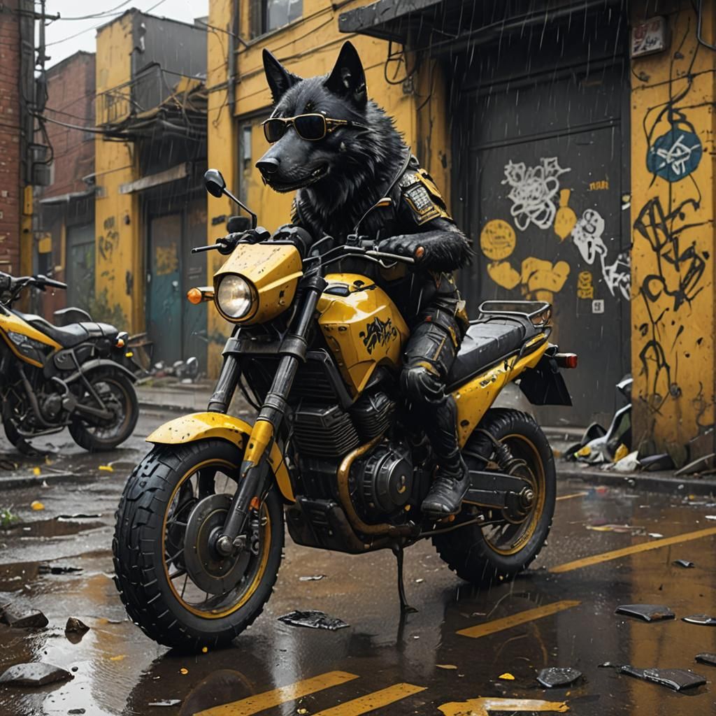 Wolf-Dog with Motorcycle in Rainy Cityscape