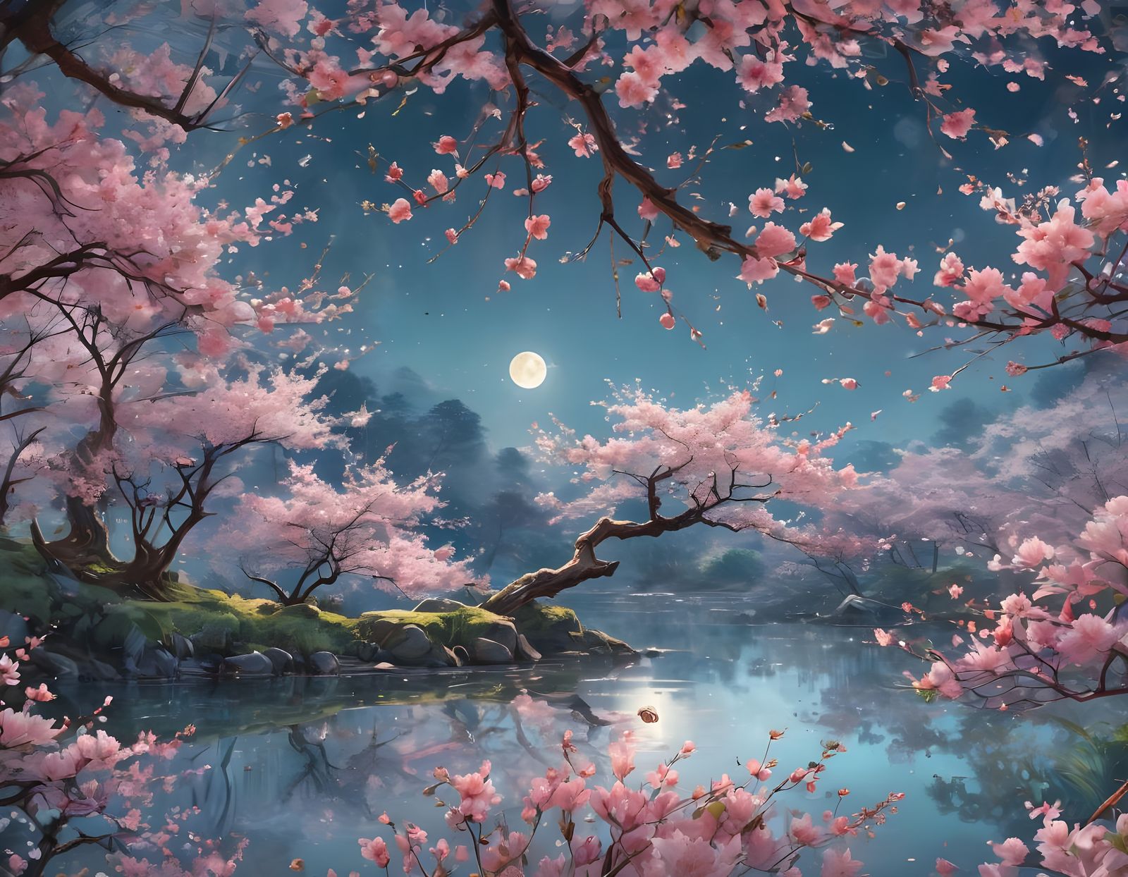 Surreal Cherry Blossom Landscape in Watercolor Style