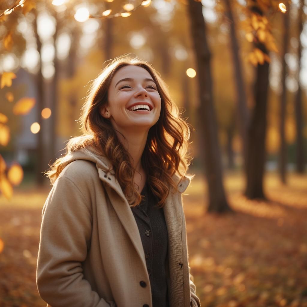Laughing Woman in Autumn: Cinematic Film Still