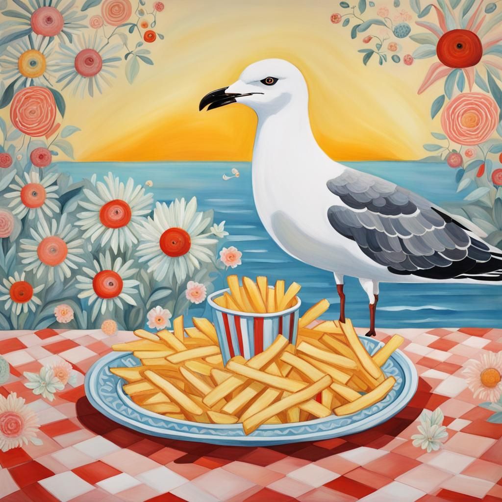 Seagull Stealing Fries on a Sunny Day