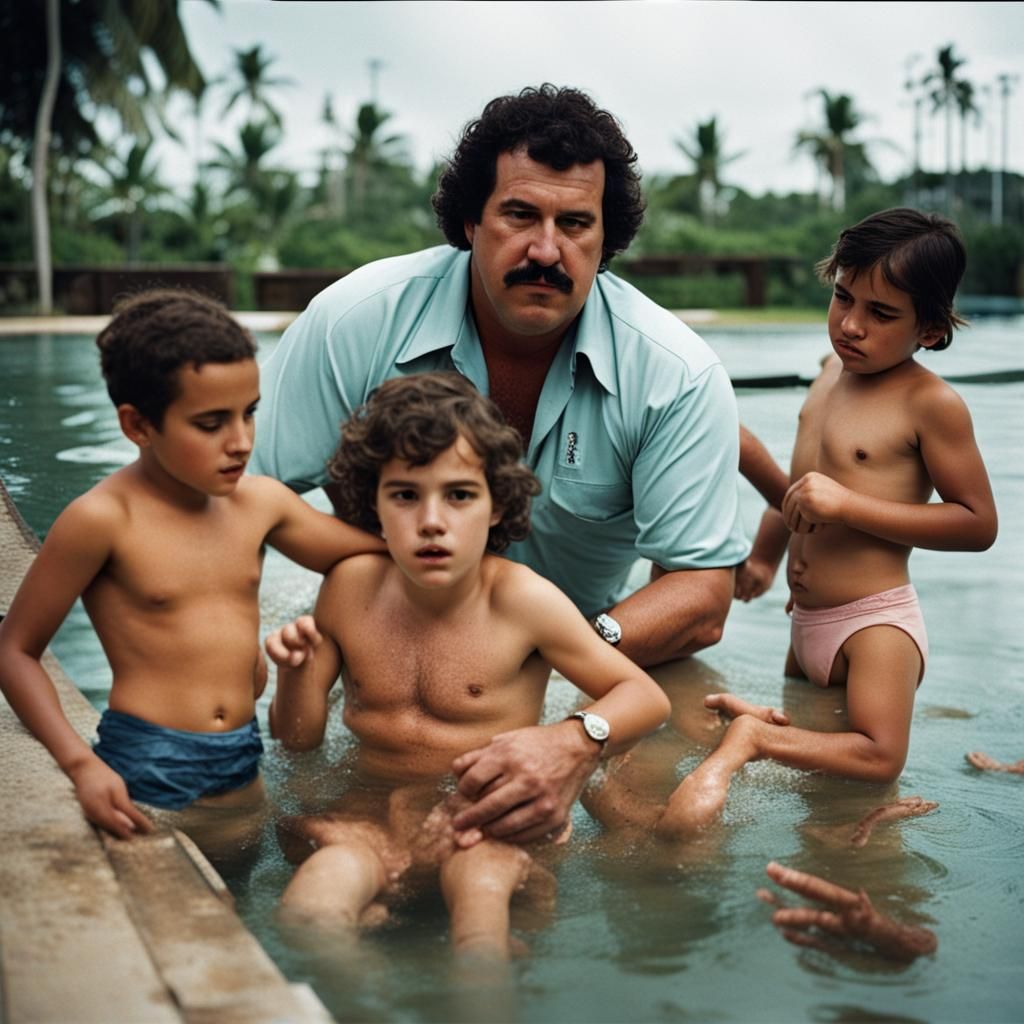 Man Teaching Children to Swim