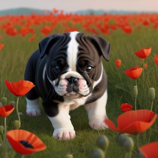 Cute English Bulldog Puppy in Poppy Field