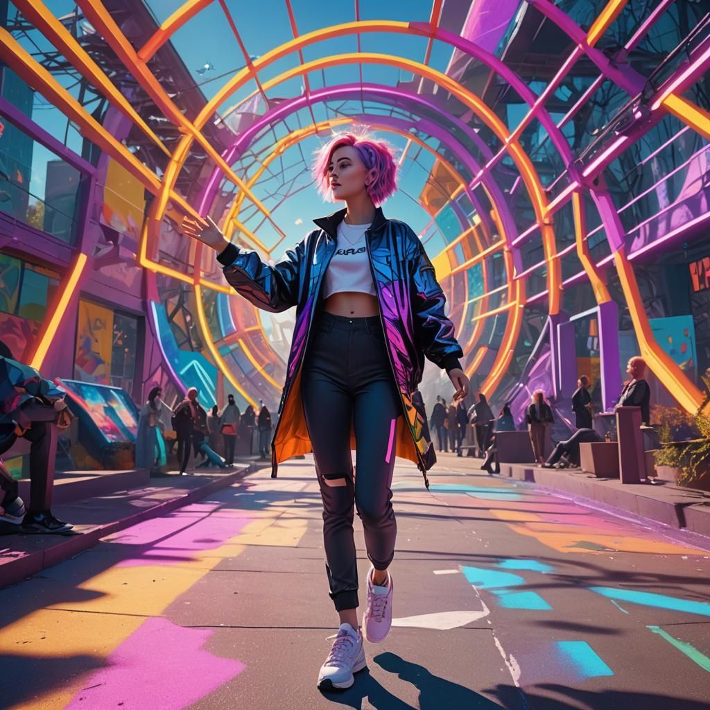 Rainbow-Haired Spark in a Futuristic Park