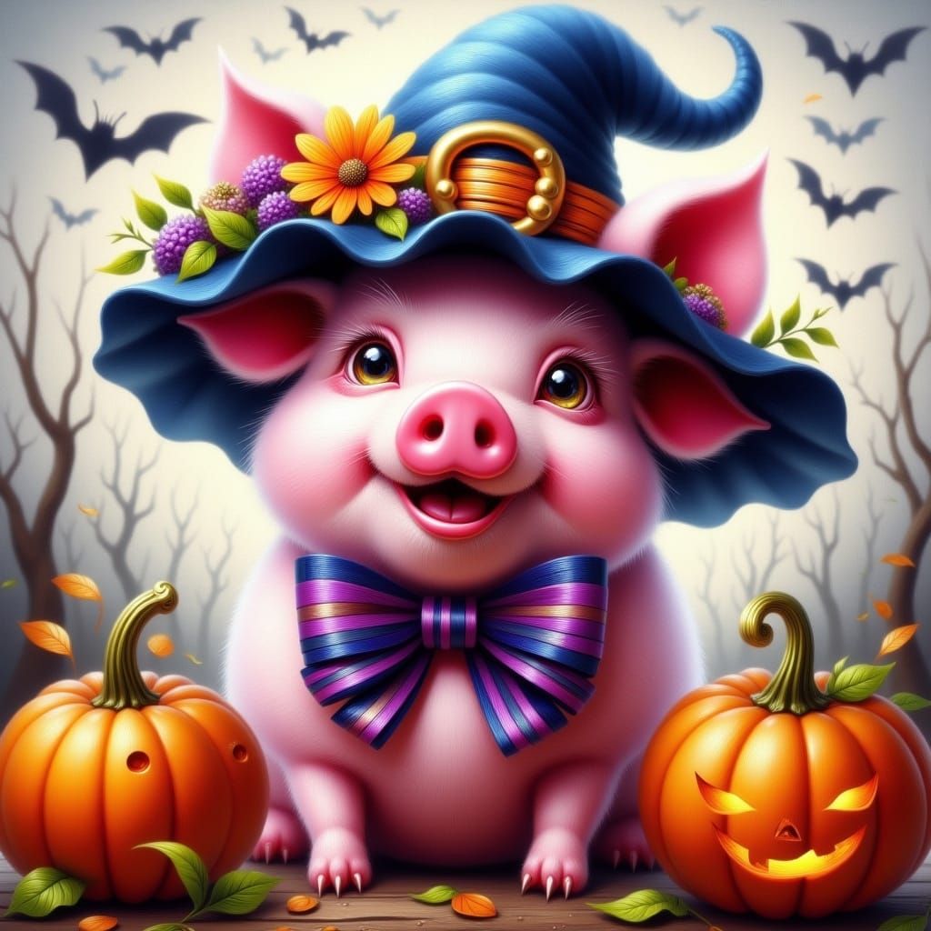 Whimsical Pink Pig Witch in Oil Painting