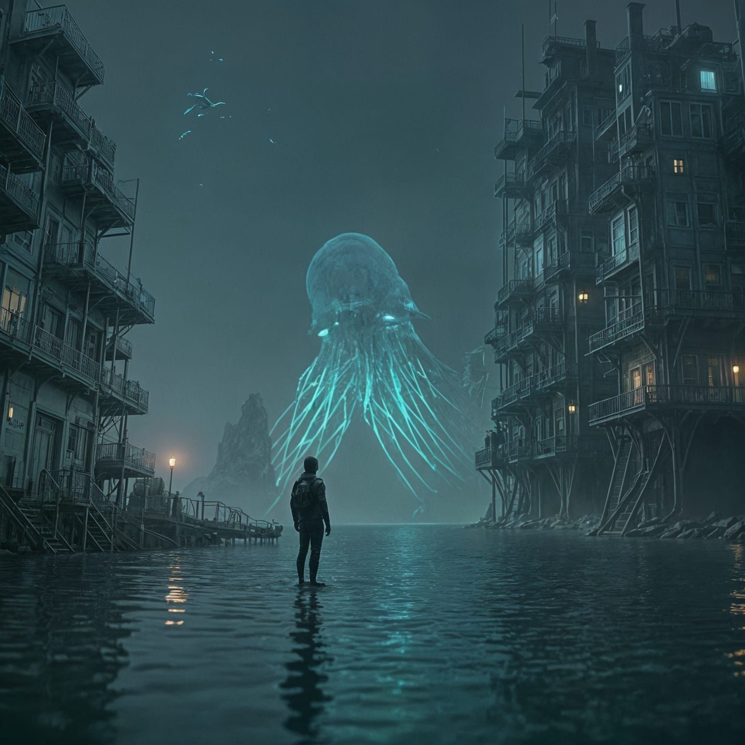 Ethereal Underocean Cityscape with Human-Like Creature