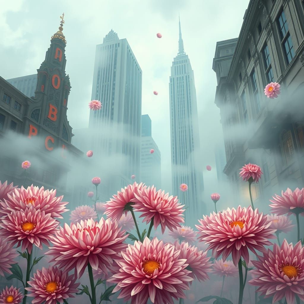 Chrysanthemums in Fog: Surreal Art Deco Fantasy