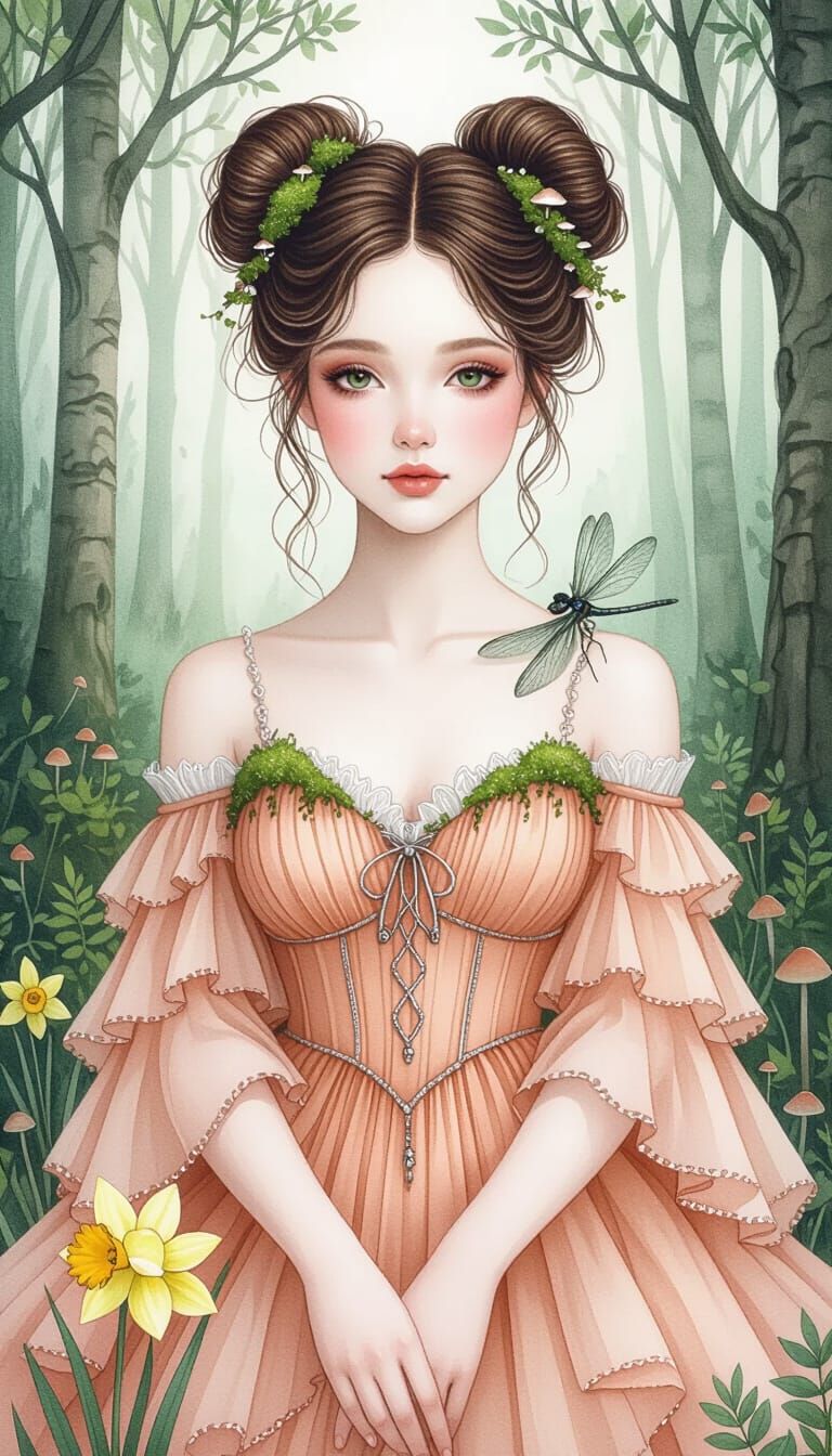 Dreamlike Forest: Woman with Damselfly in Surreal Style