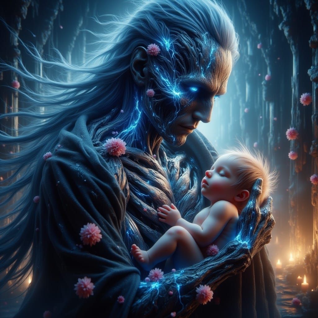 Mysterious Skeleton Nurtures Cherub in Dreamlike Landscape