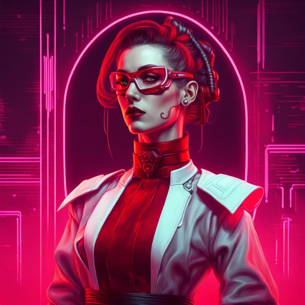 Cyberpunk Head Mistress with Red Sash in Neon Style