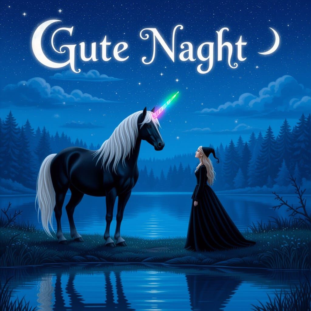 Black Unicorn with Blonde Mane Beside Dream Fairy