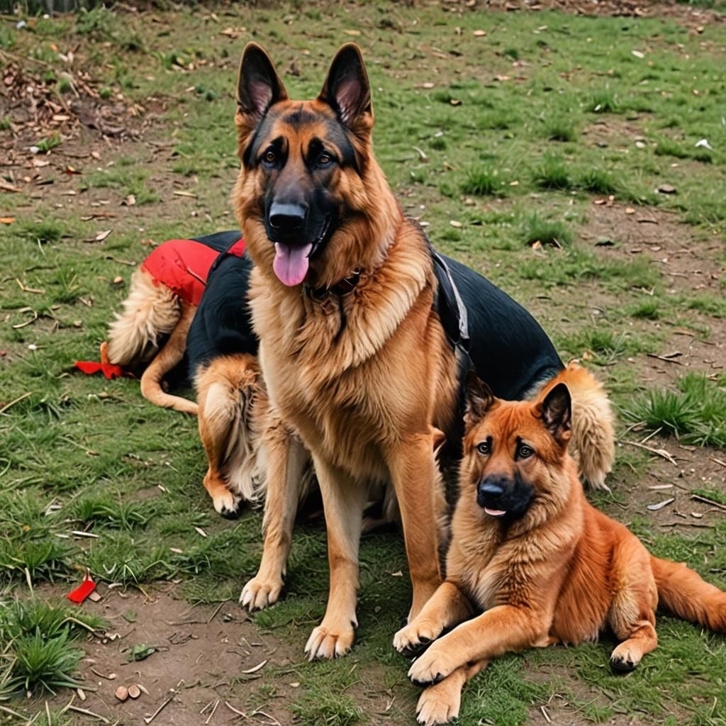 German Shepherd Dog with Giant Red Cat