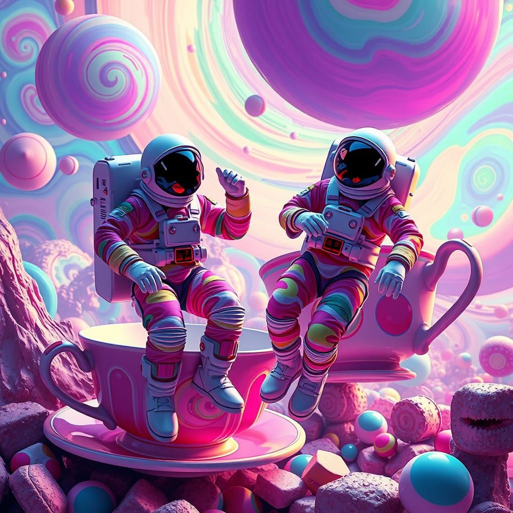 Surreal Spacesuits Dance Amidst Whimsical Teacups in Vibrant...