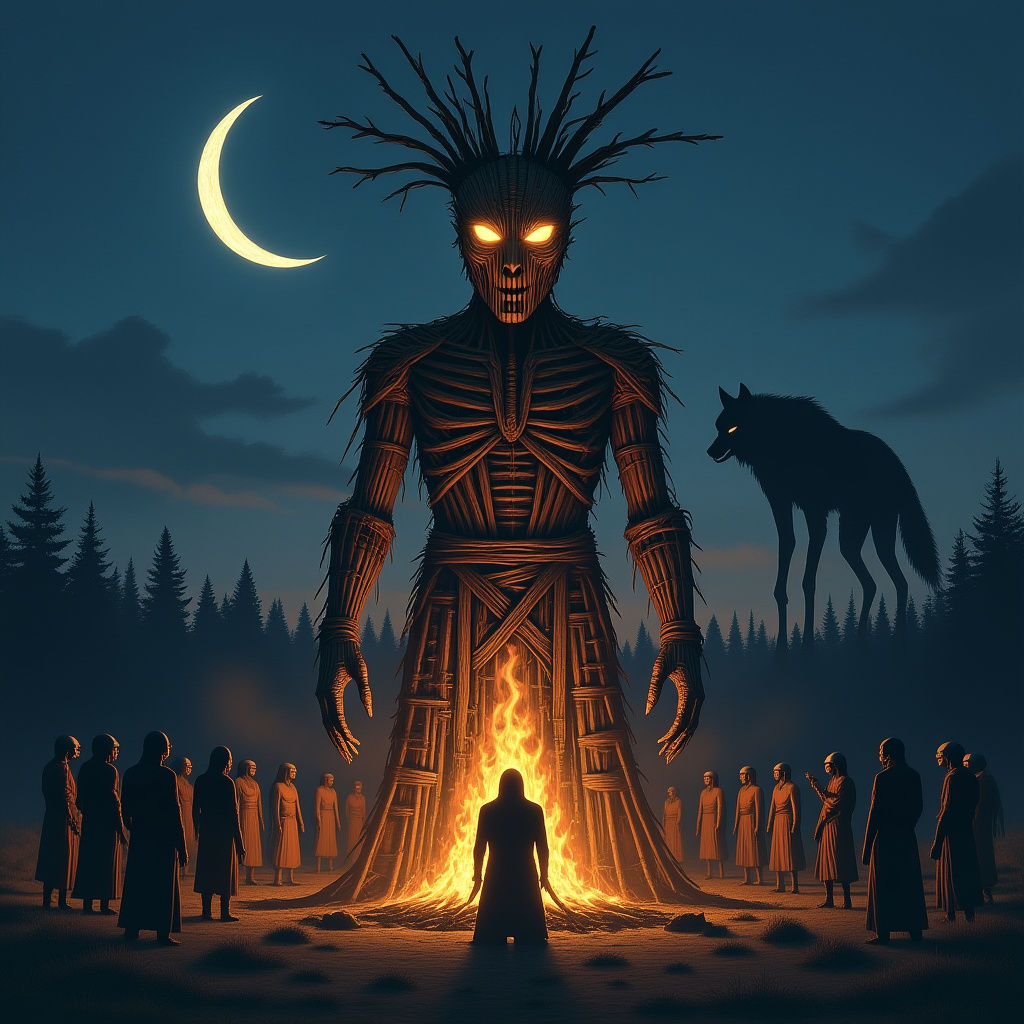 Eerie Wicker Man Ablaze in Dark Clearing