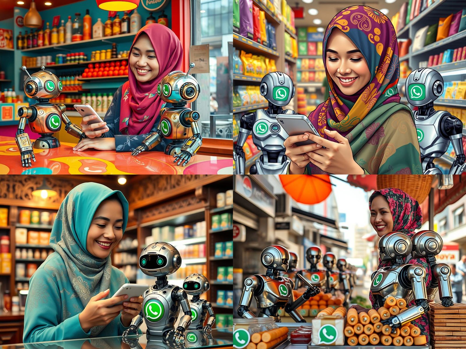 Malay Woman Shop Owner with WhatsApp Helper Robots