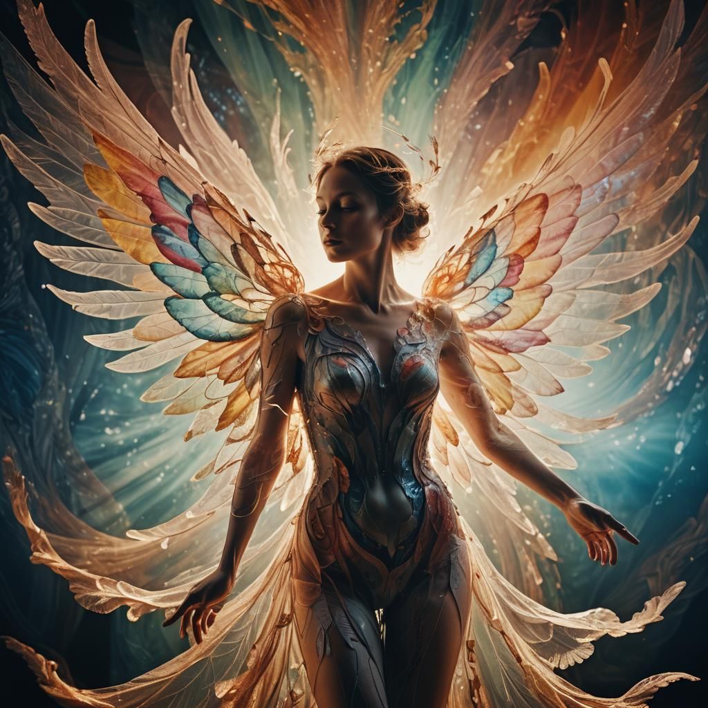 Ethereal Transformation: Surreal Winged Being in Dreamlike P...