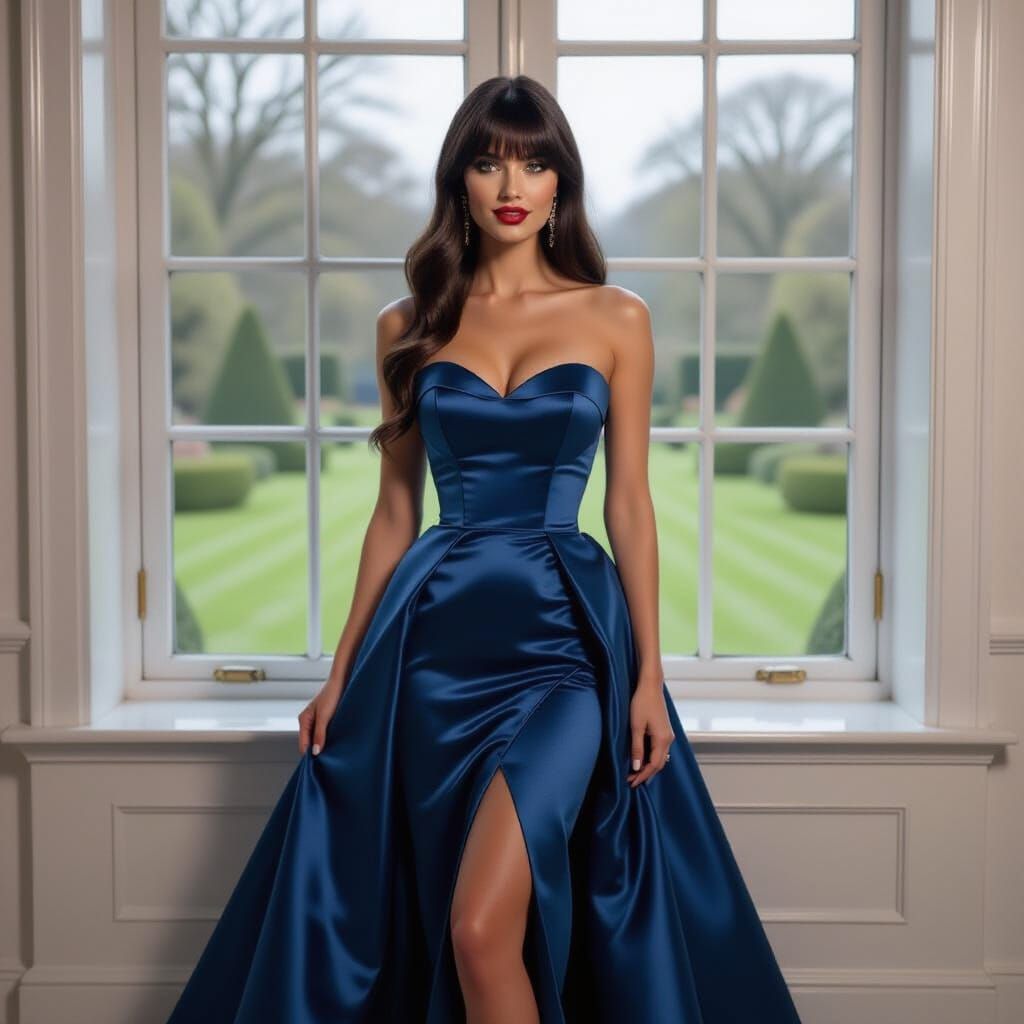 Woman in Blue Gown Overlooking Garden