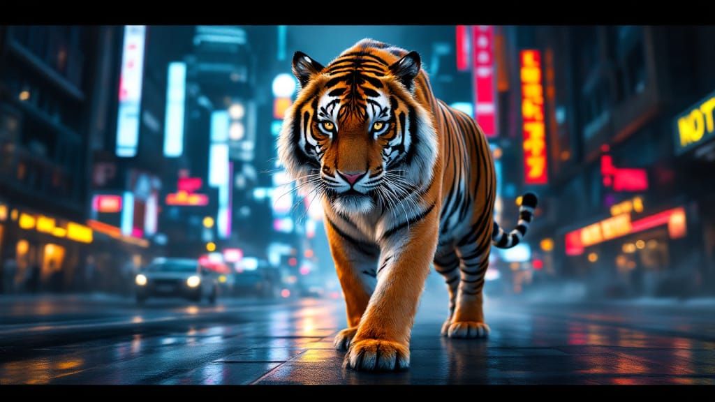 Bengal Tiger in Futuristic Cityscape