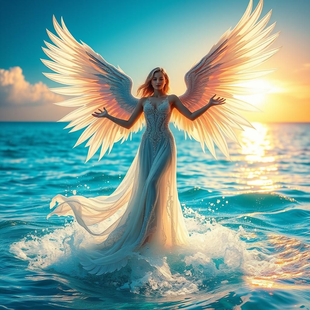 Angel Emerges from Ocean in Fantasy Art Style