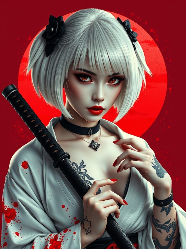 Cyberpunk Geisha Warrior with Katana and Tattoos
