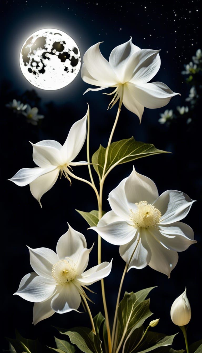 Ethereal White Moonflowers Bloom Under Moonlight
