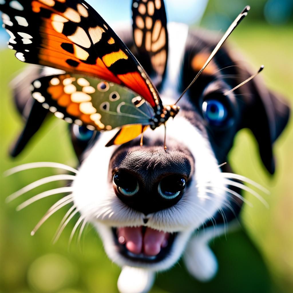 Butterfly perspective of Butterfly on Dog's nose 🦋🦋🐶