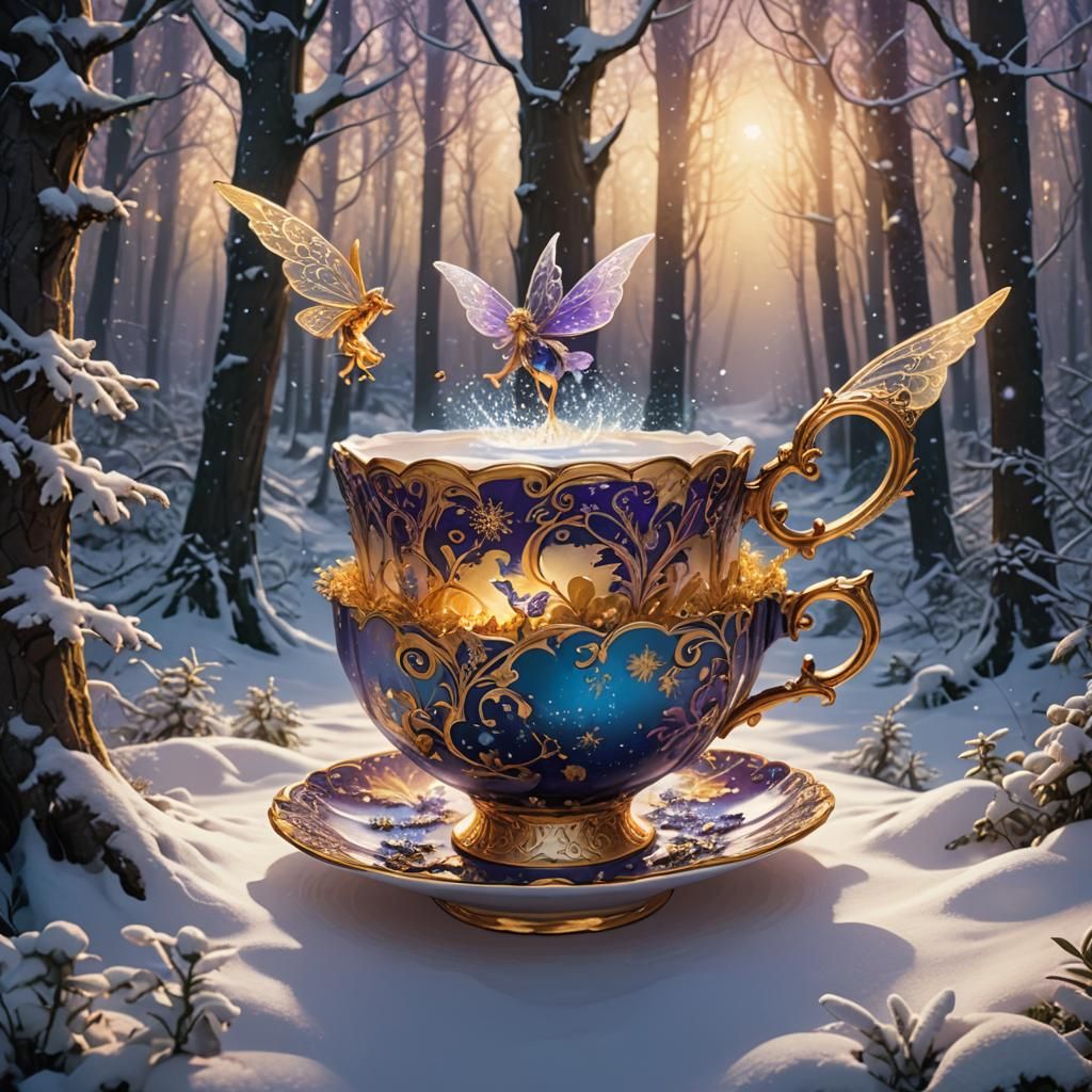 Fairies Dancing Around Teacup in Snowy Forest
