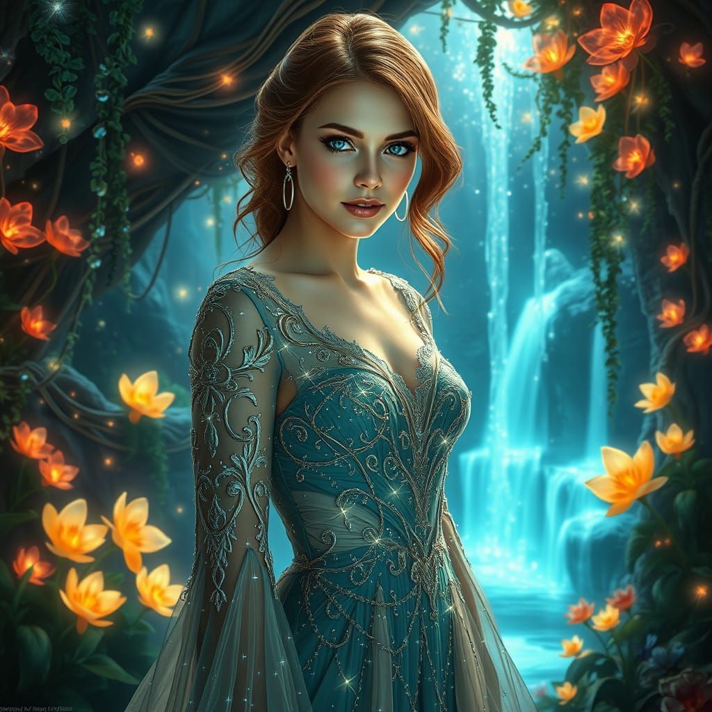 Woman in Starlight Gown in Bioluminescent Grotto