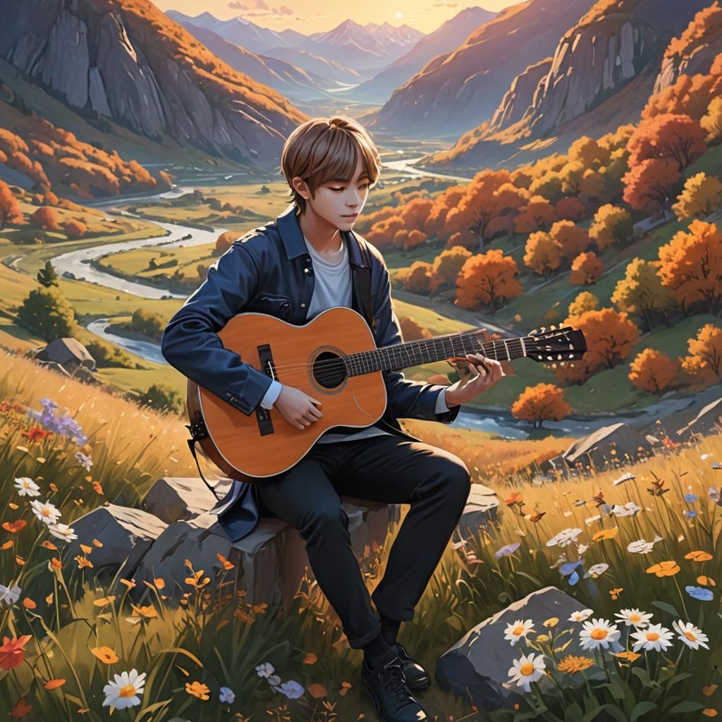Anime Style: Guitar Player in Autumn Valley