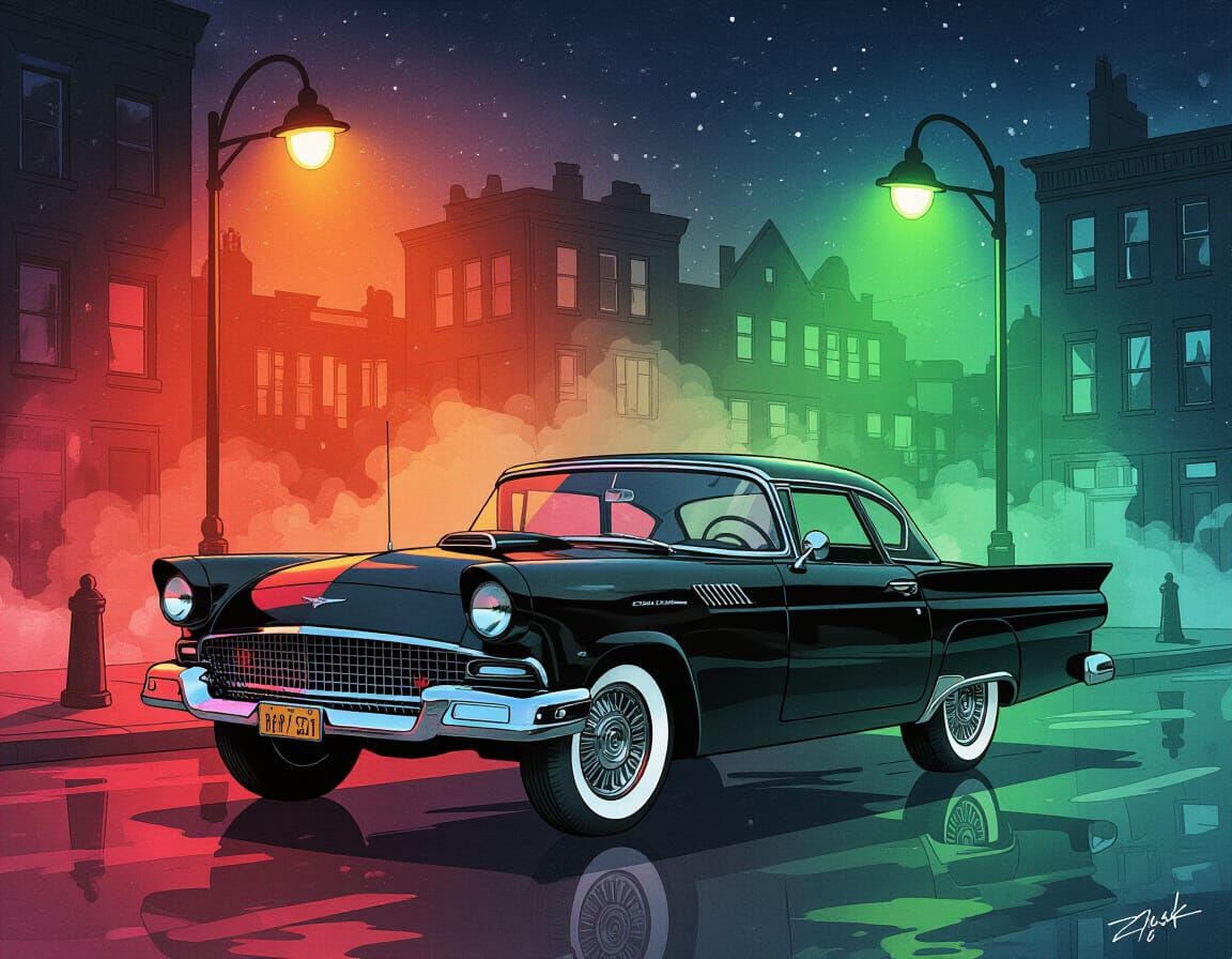 Vintage Ford Car Under Neon Lights in Watercolor Style