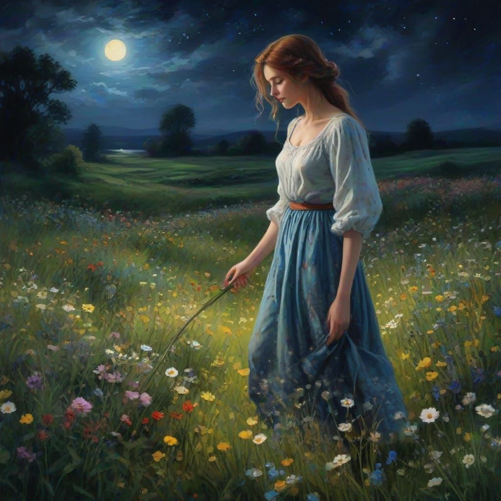 Ethereal Nighttime Scene in Whimsical Artistic Style