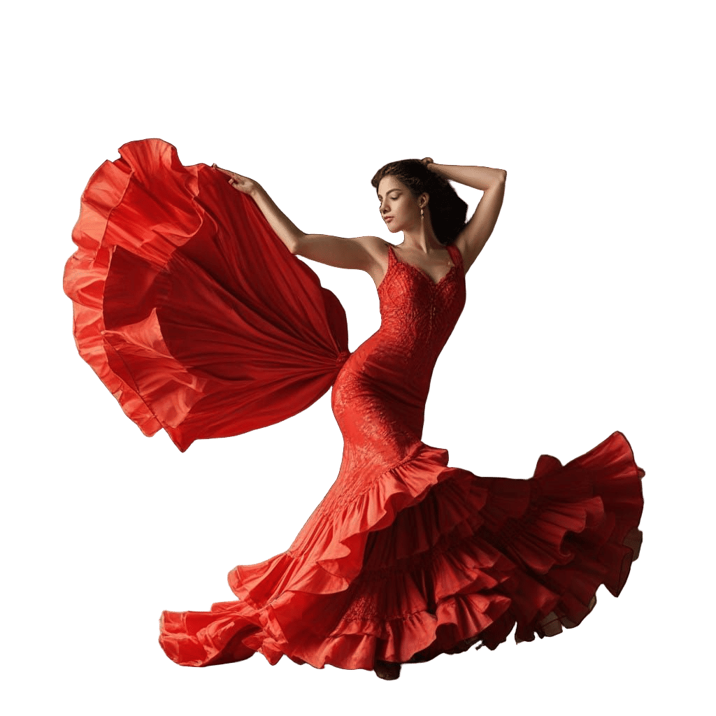 A flamenco dancer in bright red flowing dress