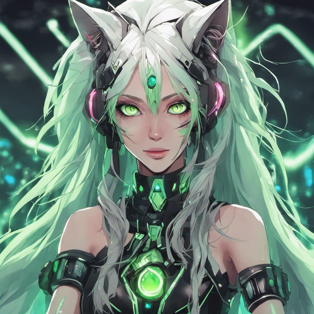 Anime Woman with Green Eyes in Rave Outfit