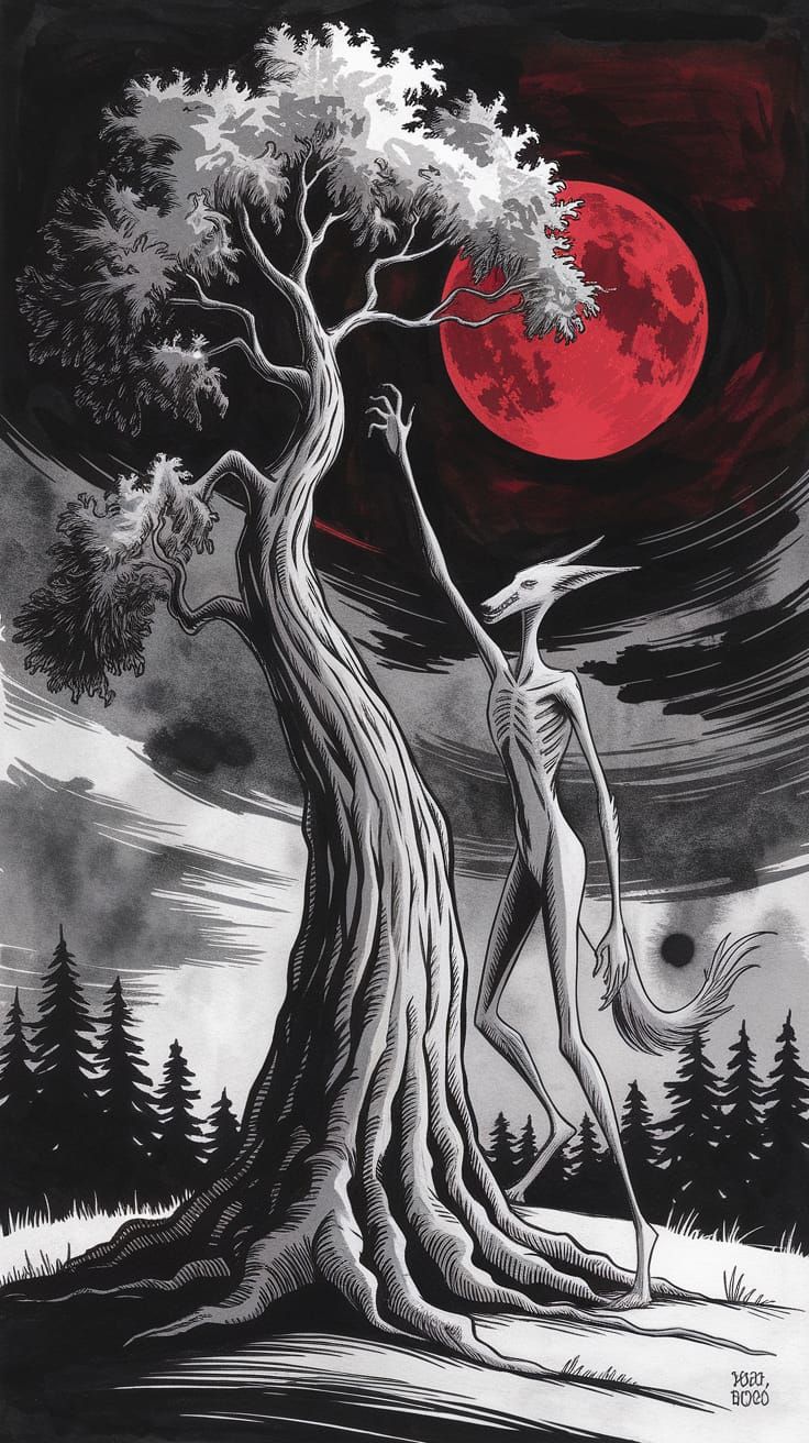 Dark Fantasy Oak Tree with Werewolf-Slenderman Creature
