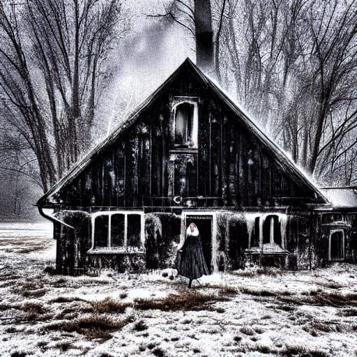 Goth Model in Decaying House, Grainy B&W Film Style