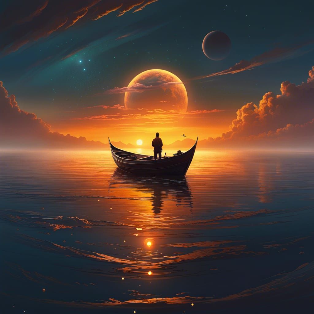 Surreal Sunset: Person on Boat with Ringed Planet