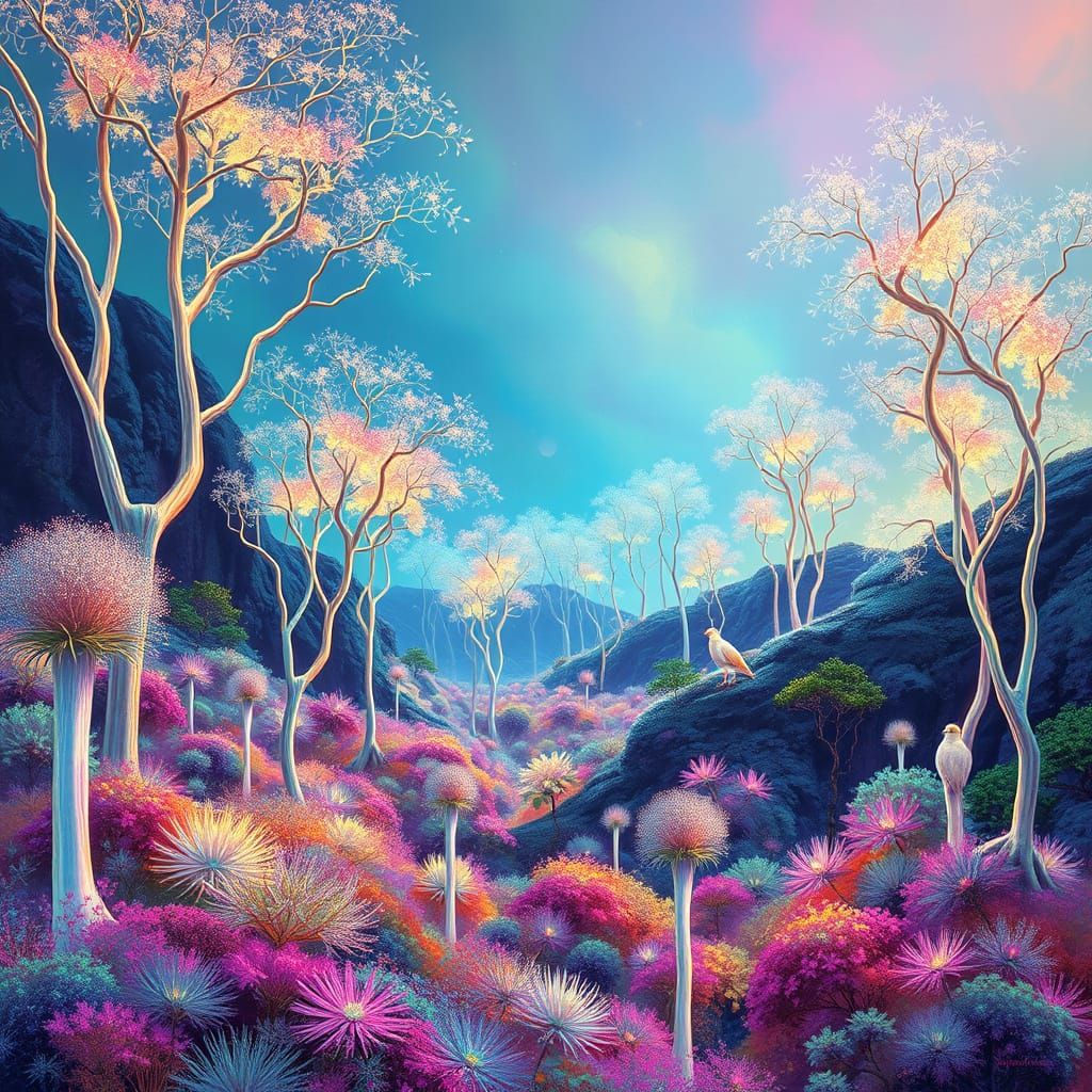 Ethereal Dreamworld with Iridescent Trees and Pastel Hues