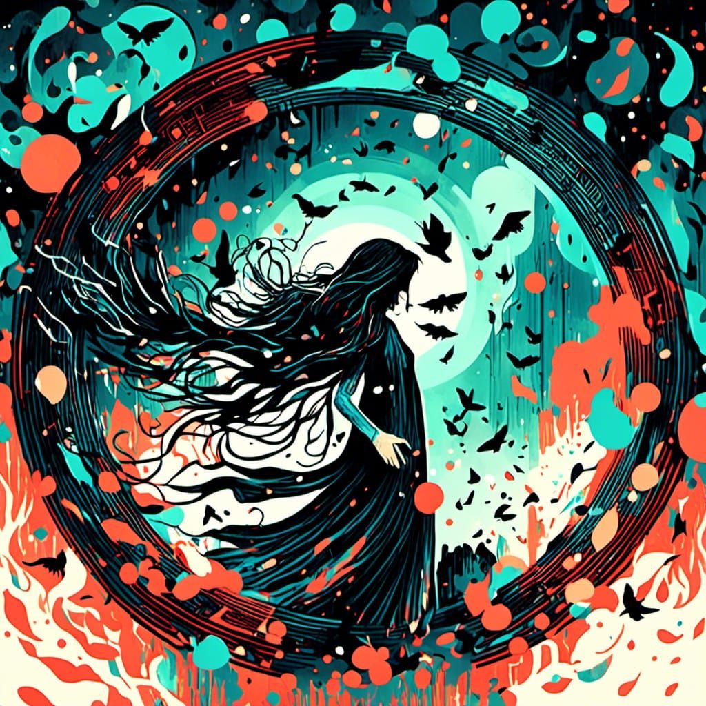 Woman at Portal with Raven, in Vibrant Style
