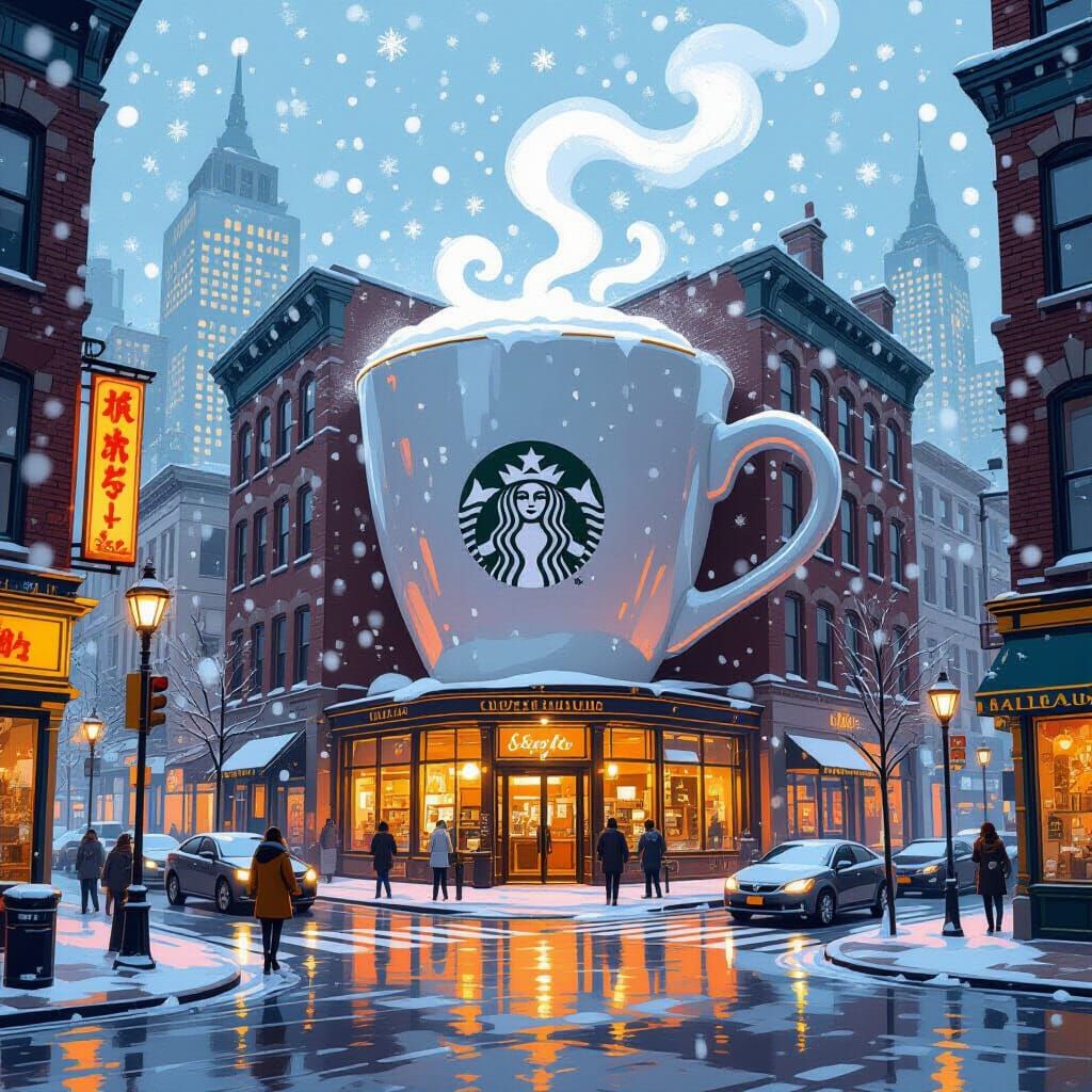 Colossal Coffee Cup Building in Snowy Cityscape