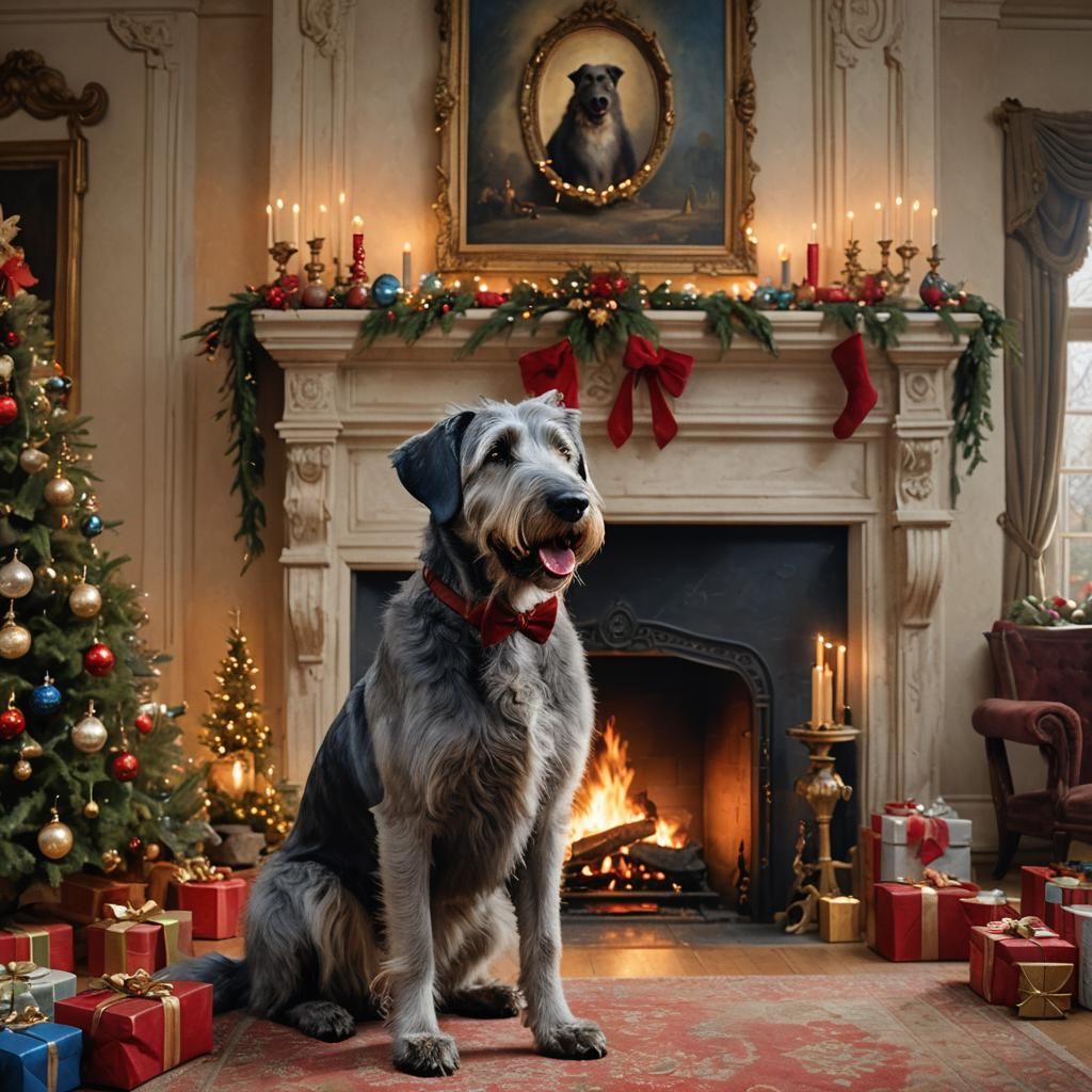 Festive Irish Wolfhound in Cozy Christmas Scene