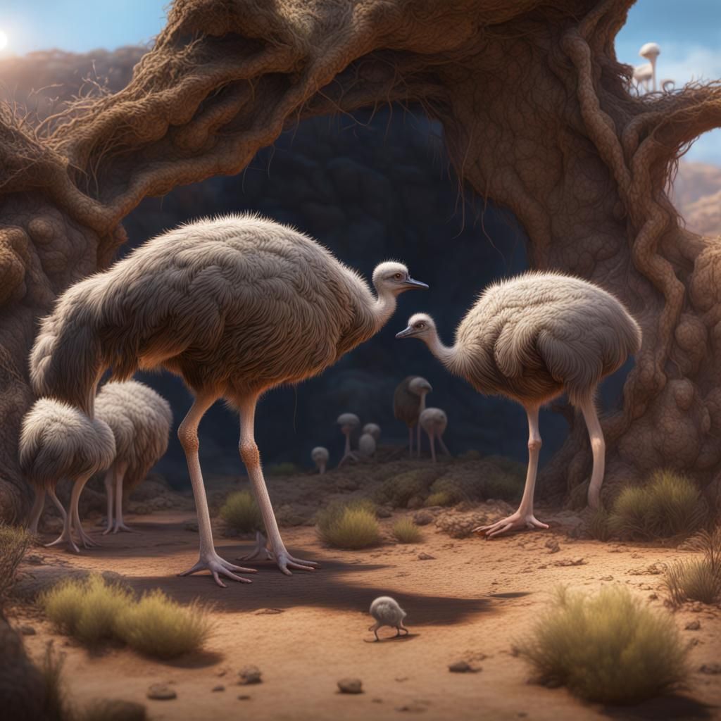 Ostrich Family: Detailed Fantasy Concept Art