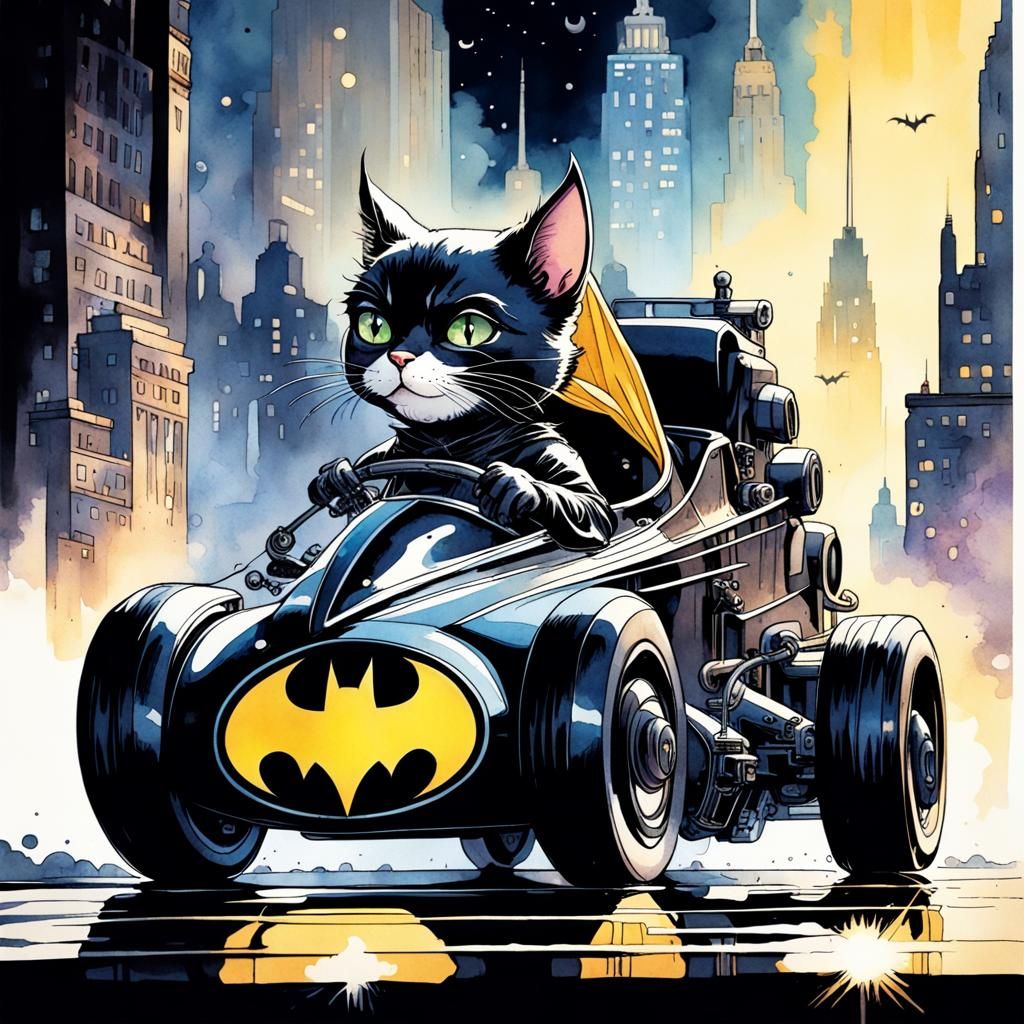 Cat-Batman Drives Batmobile: Watercolour Illustration