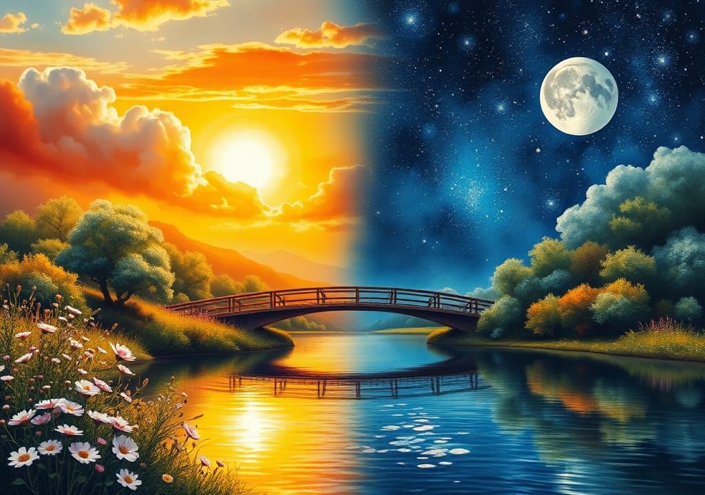 Day and Night Landscape Painting with Arched Bridge
