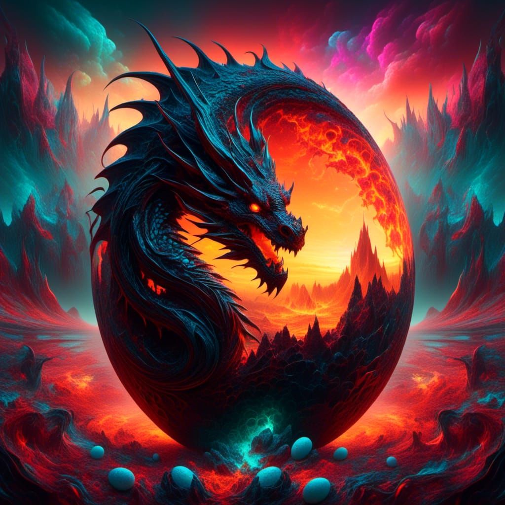 Flaming Black Dragon Hatching in Surreal Landscape