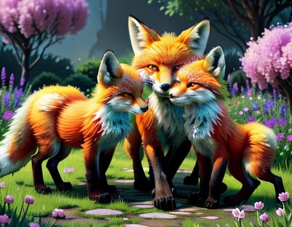 Fox Family Playing in a Spring Garden